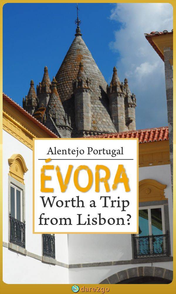Our PINTEREST image shows a typical Portuguese facade with the cupola of the cathedral of Evora in the background - with text overlay.