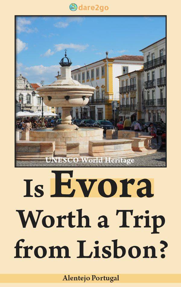 Our PINTEREST image shows the marble fountain on the main plaza in Evora Portugal - with text overlay.