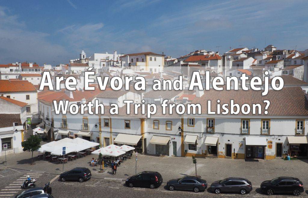 view of Evora from above: white houses, red-tiled roofs and outdoor restaurants under umbrellas