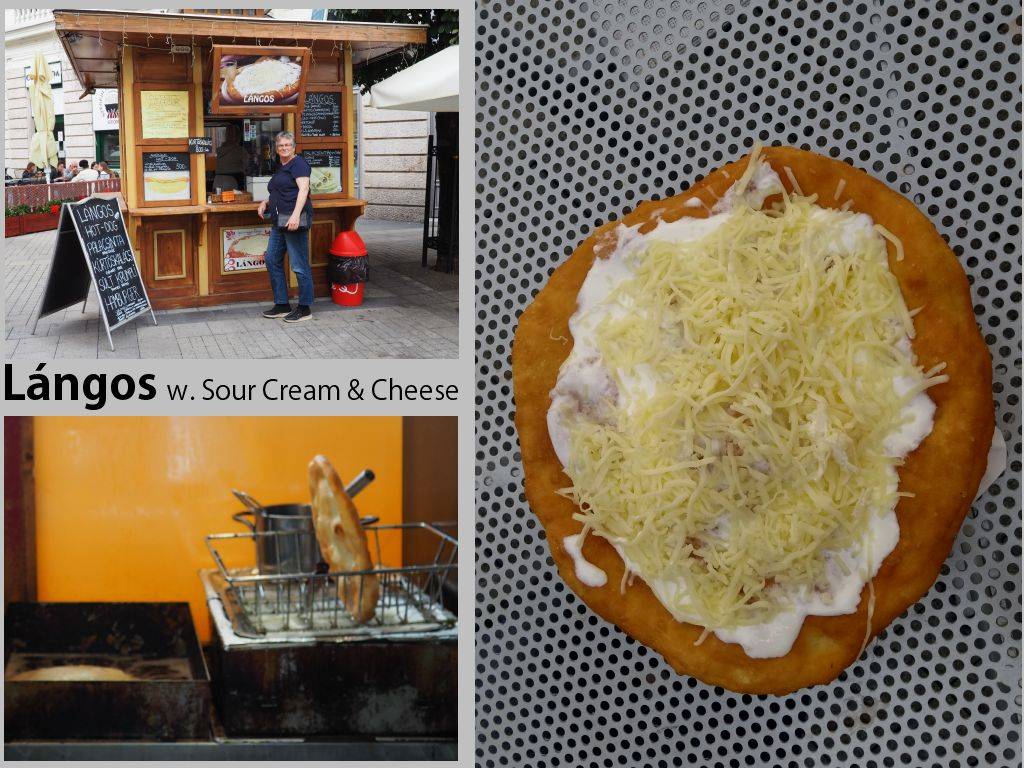 Collage: a Lángos is a flat disk of dough, deep fried and served with various toppings - a typical snack in Hungary.