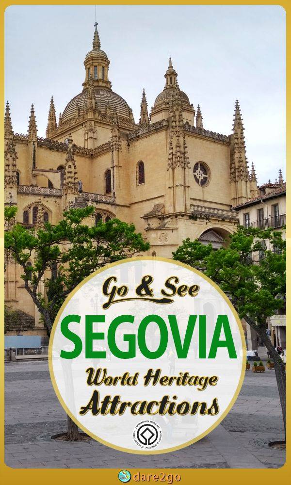 Our Pinterest image, which shows the Gothic Cathedral of Segovia (with text overlay!)