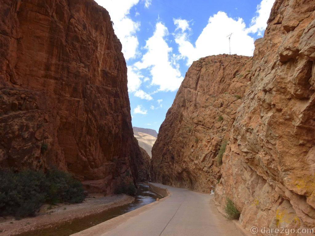 This is the Dades Valley Gorge: a narrow road squeezes between the cliff faces and the river is confined to a narrow ditch. Still, there is space for some foliage.