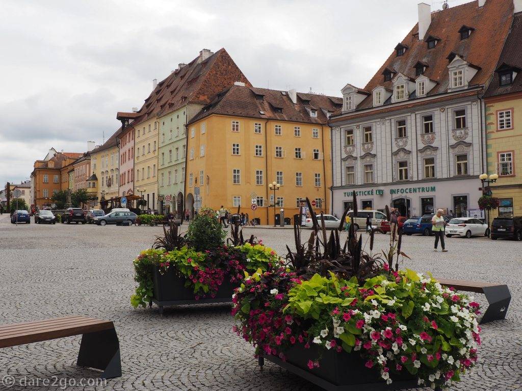 Czech road trip: King George of Podebrady Square in Cheb showing colourful 17th century houses.