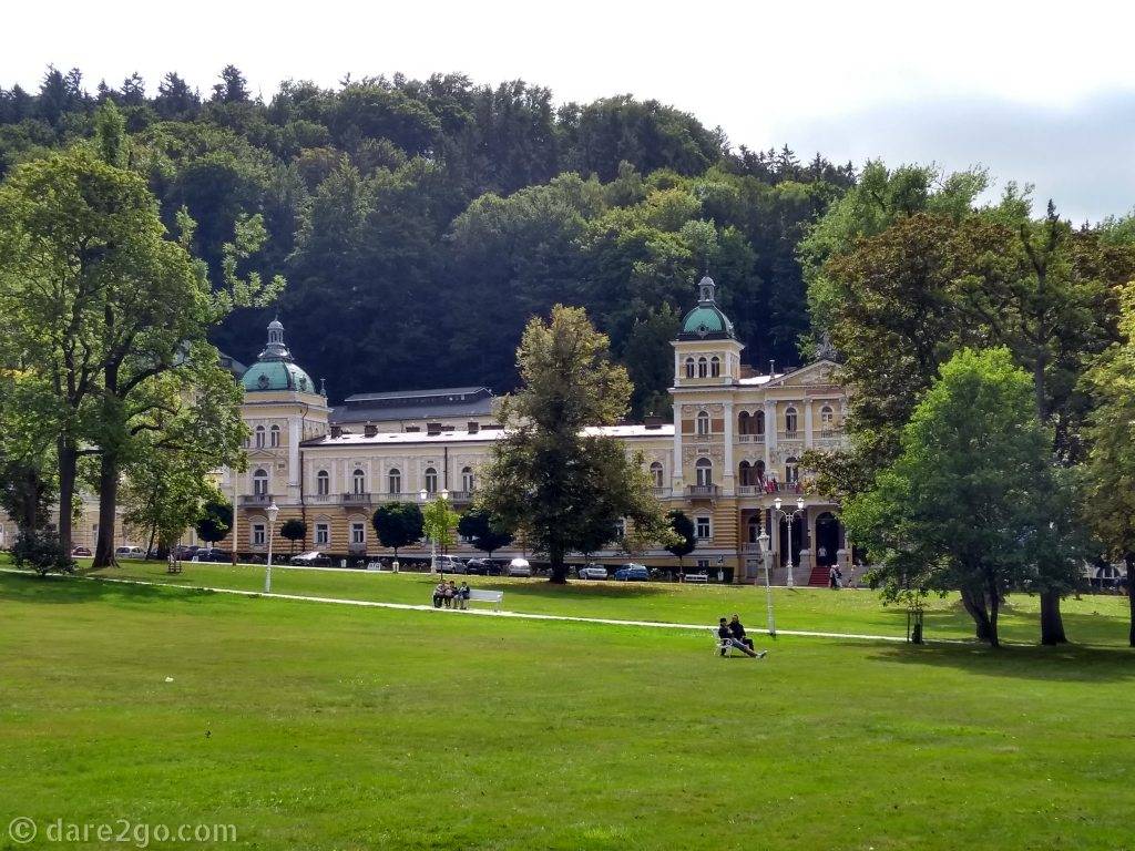 Marianske Lazne or Marienbad is one of the Czech Republic's famous Spa towns. Here, a relaxing view through parkland to one of the beautiful hotels.