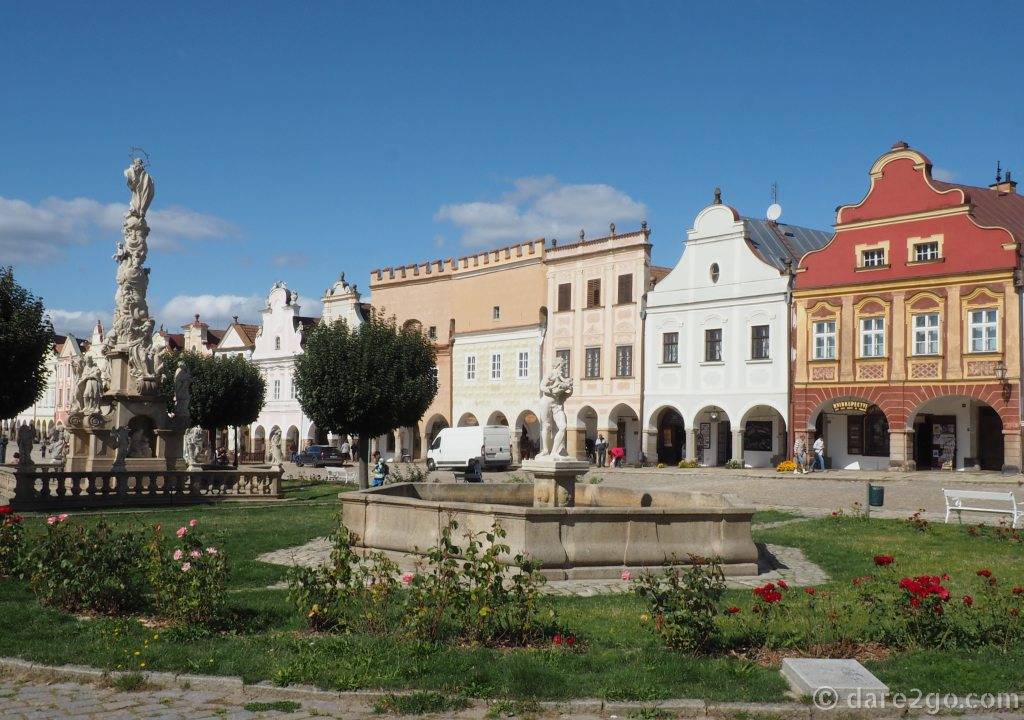 The small town of Telc is ideally situated halfway between Prague and Vienna. This Plague Column and fountain in the main square is just a taste of what you'll see If you visit this outstandingly beautiful town; whether on a road trip like ours or a day trip from Prague or Vienna.