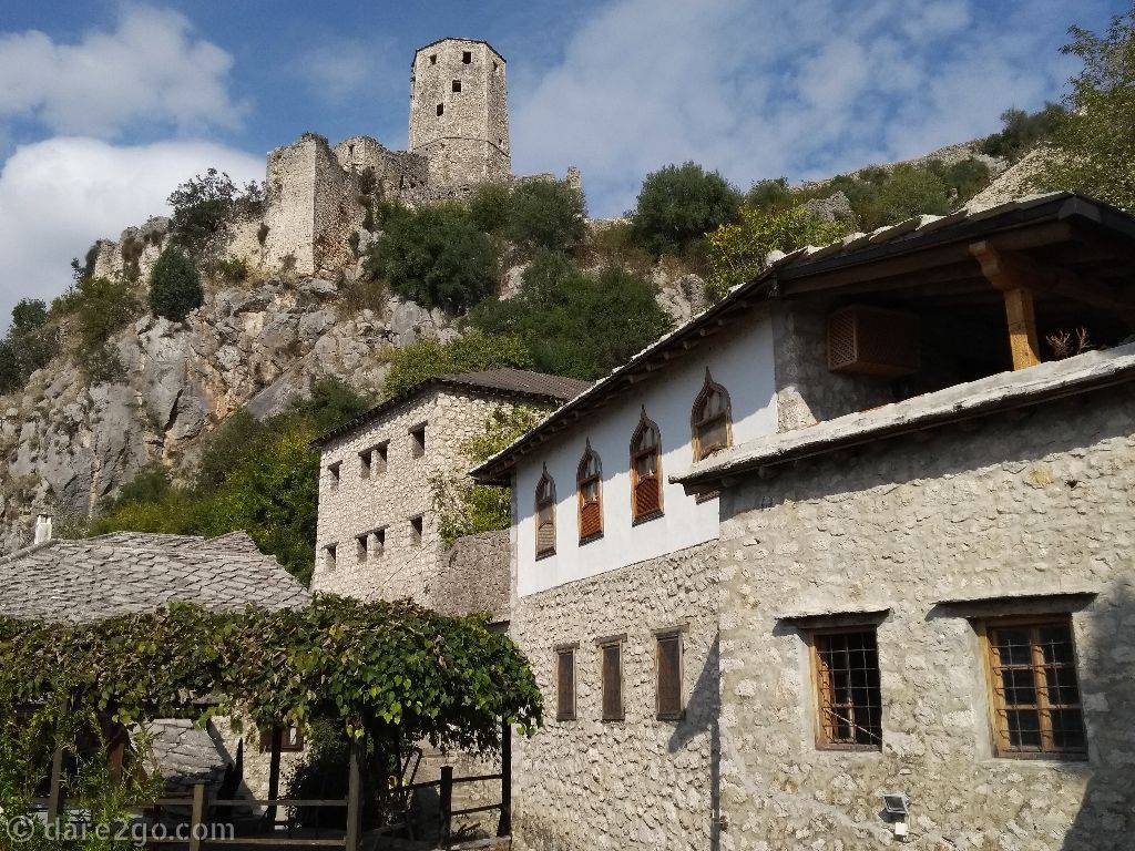 The small “museum village” of Počitelj, which dates back to 1383. The historic Ottoman houses are overshadowed by the large Ottoman fortress.