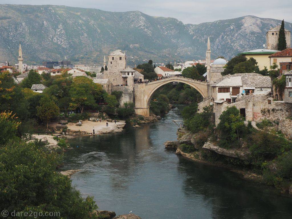 The famous Stari Most (old bridge) of Mostar - photographed from Stari Pazar.