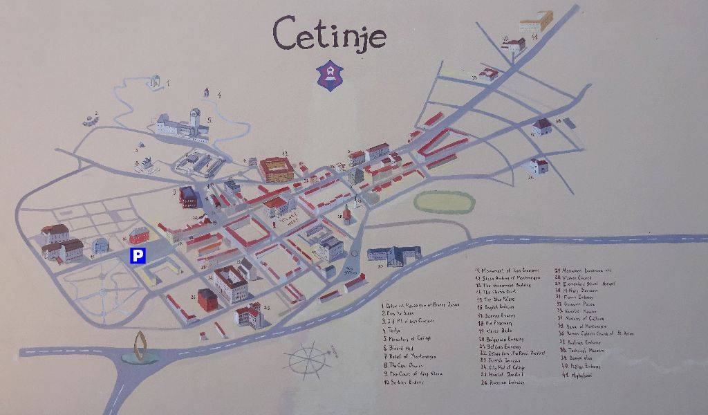 This map of Cetinje shows the small size of the city with all attractions marked.