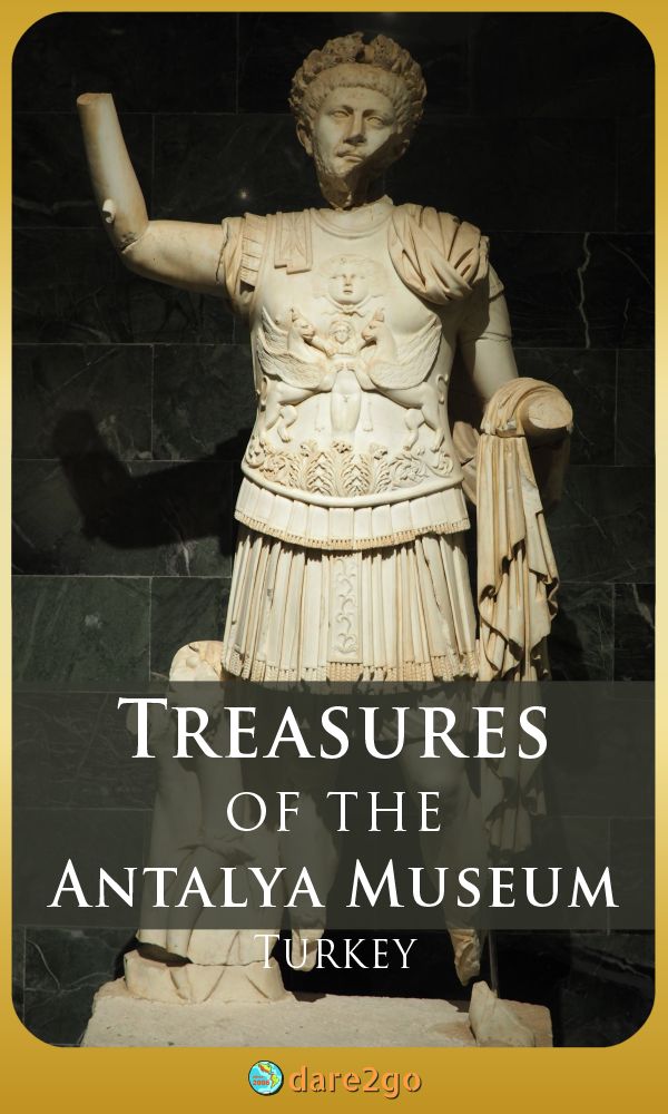 Our Pinterest image, which shows the marble statue of Emperor Traian at the Antalya Museum, Turkey - with text overlay.