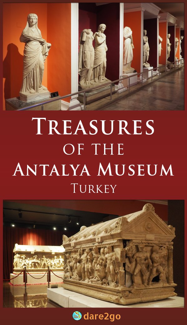Our Pinterest image, which shows the Hall of Gods and the Hall of Sarcophagi at the Antalya Museum, Turkey - with text overlay.