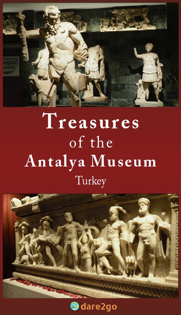 Our Pinterest image, which shows the Temple Hall and a Sarcophagus at the Antalya Museum, Turkey - with text overlay.