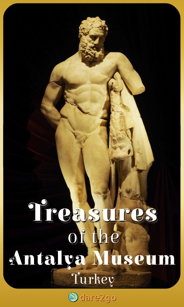 Our Pinterest image, which shows the marble statue of a tired Hercules at the Antalya Museum, Turkey - with text overlay.