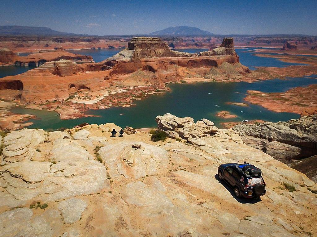When times were better: our Landcruiser parked on top of a mountain, overlooking some stunning scenery [drone photo]