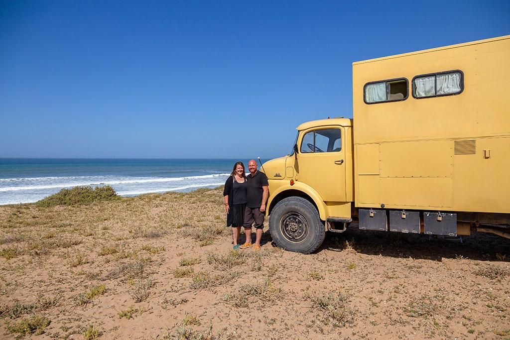 Robby & Stefan in front of their large overland vehicle in Morocco - before COVID-19