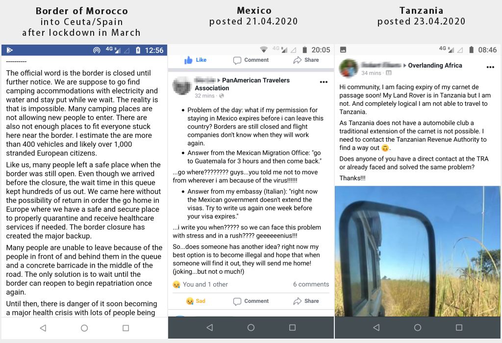 3 mobile screen captures telling more desperate stories from corona craze effected overland travellers.