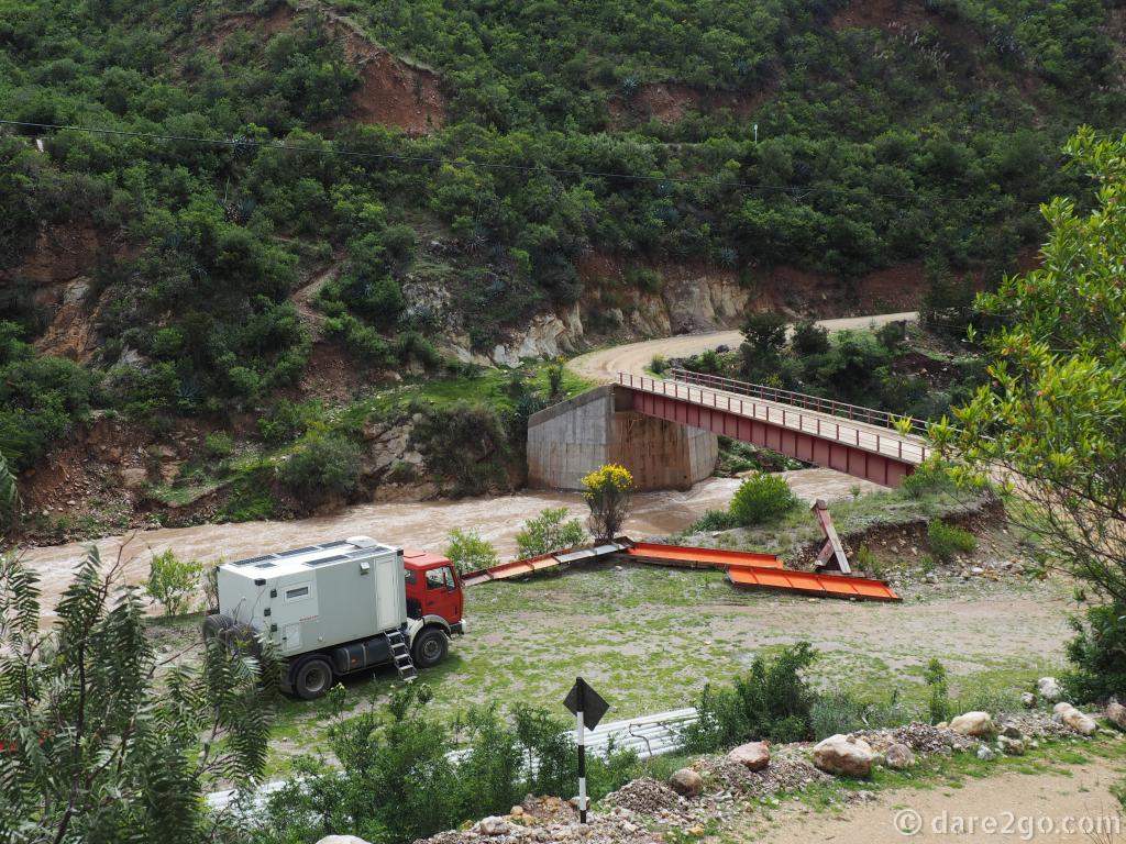 Overnight places aren't always scenic. The main concerns are: level, quiet, and safe. Here we are parked among pieces of an old bridge that was destroyed in a flood.
