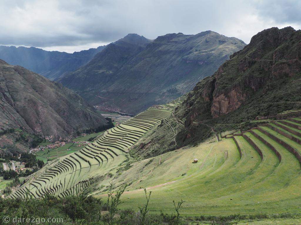 The old Inca terraces at Pisac in the Sacred Valley of Peru.