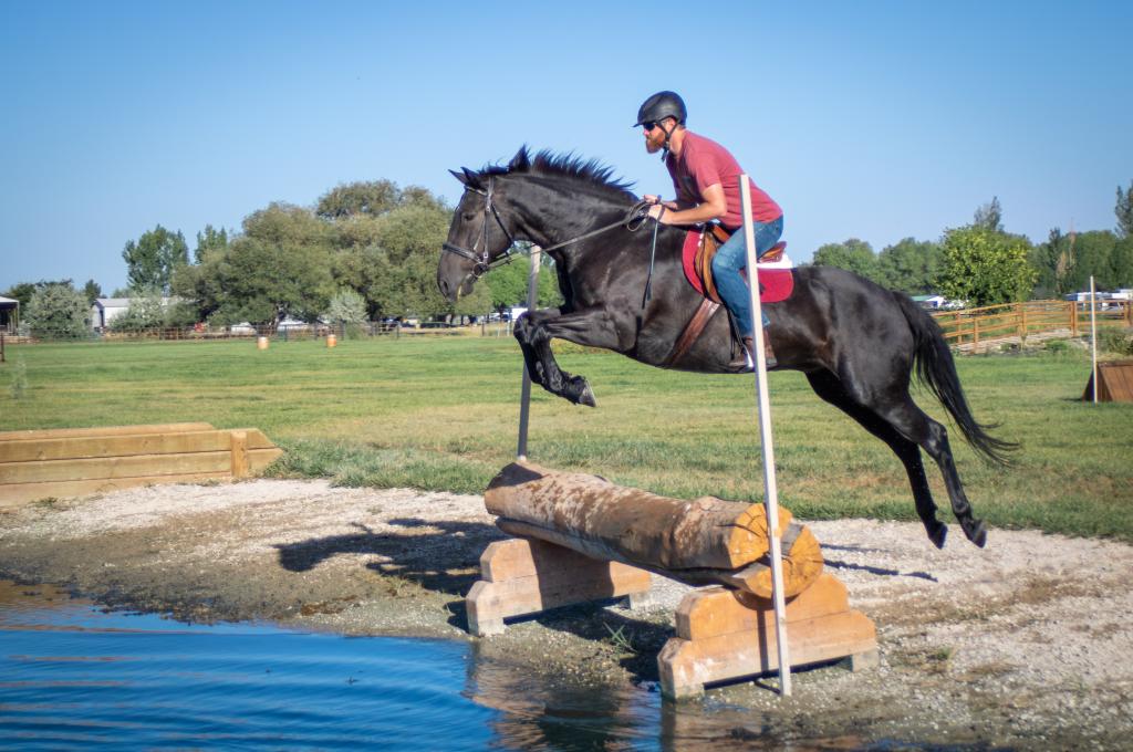 A new activity to learn during Covid-19: Cross Country horse jumping (man on horse jumps over log)
