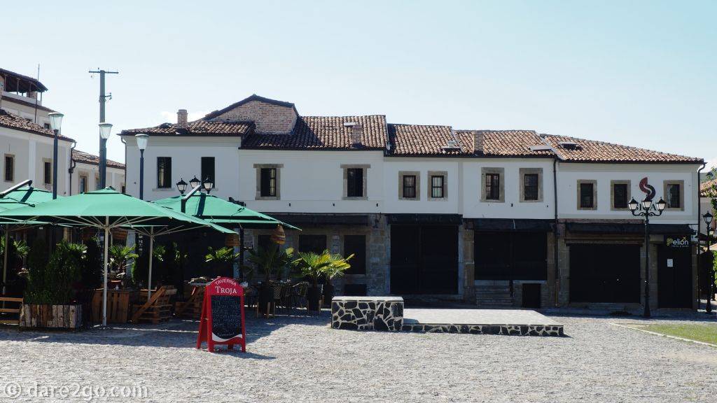 The completely restored old bazaar of Korça is now a new home to several restaurants with outdoor seating.