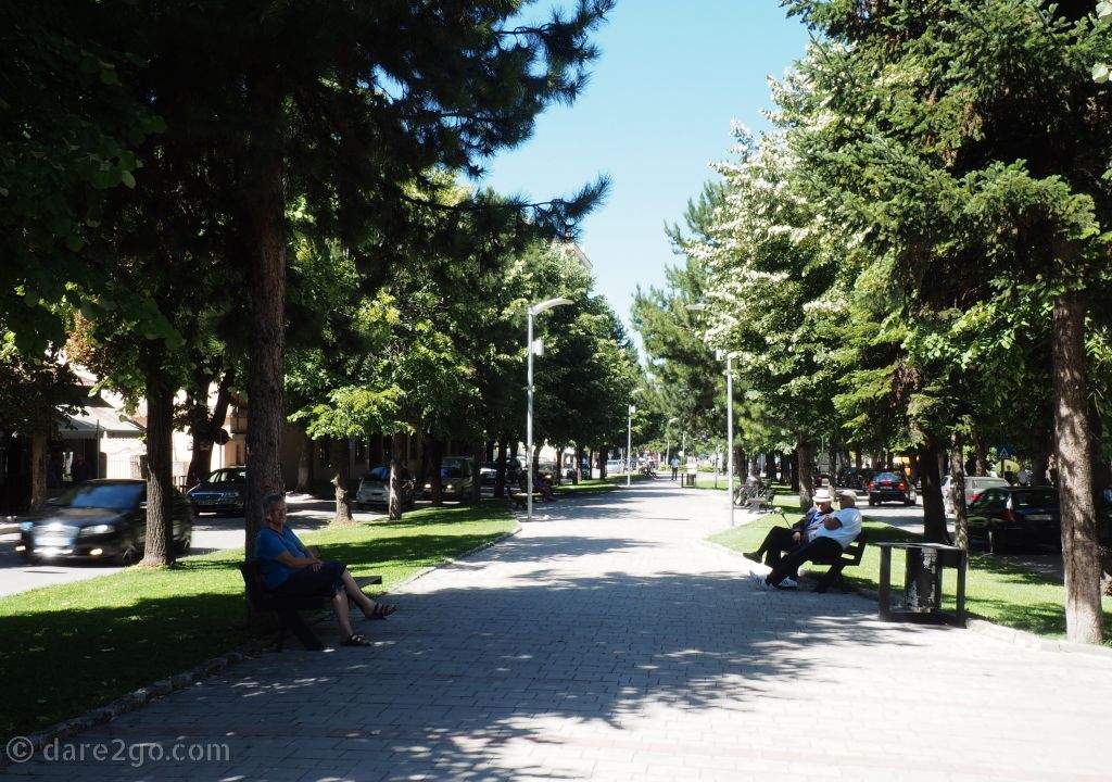 There are many green places in Korca, including this extra-wide median strip, which invites people to take a rest in the sun or the shade.