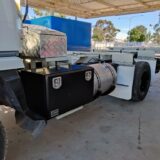 Finally the finished frame is mounted to the truck. The storage boxes are attached to the frame and the old mudflaps have been also attached to the frame.